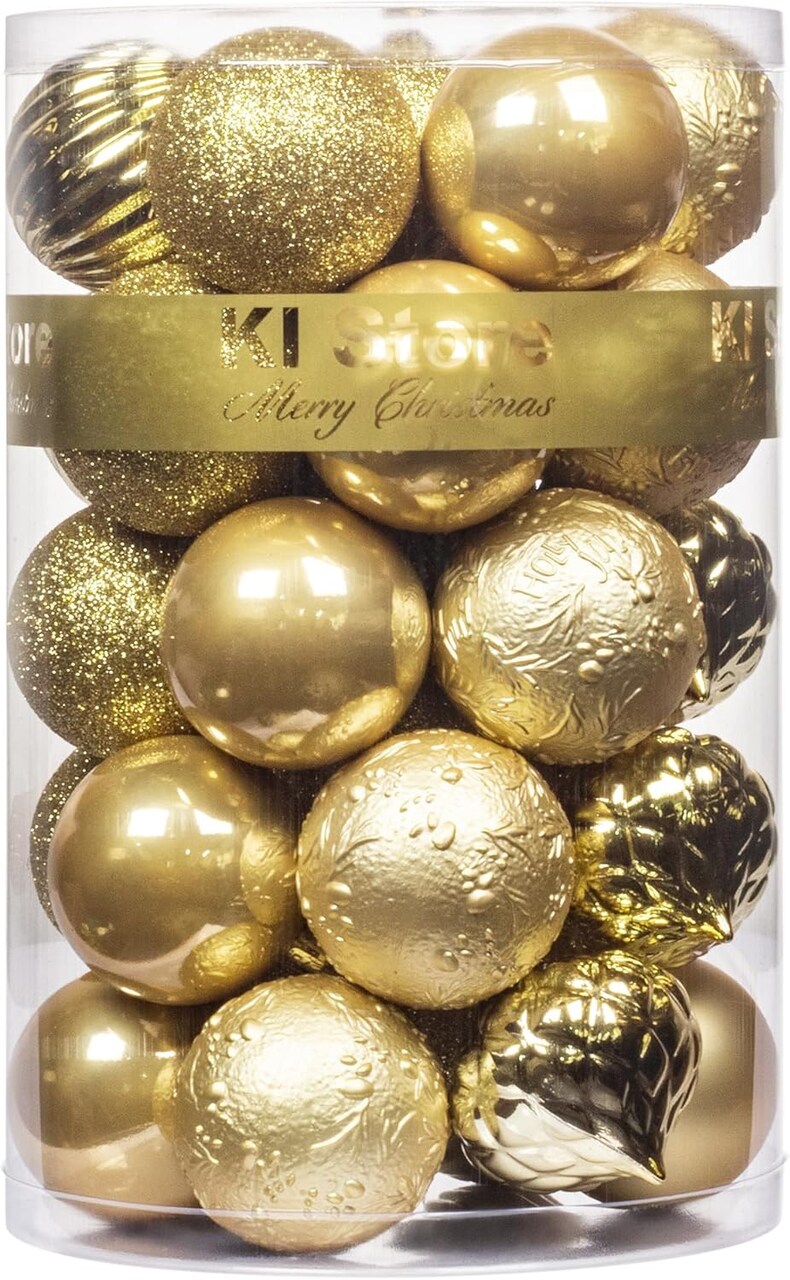 Gold Christmas Balls 34pcs 2.36-Inch Christmas Tree Decoration Ornaments for Xmas Tree Holiday Wreath Garland Decor Ornaments Hooks Included